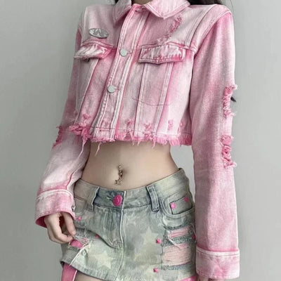POWQUE Urban Pink Cropped Denim Jacket Women – Distressed Style - POWQUE URBAN STYLE