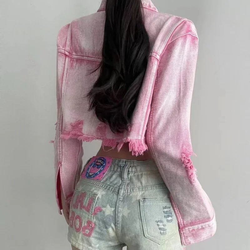 POWQUE Urban Pink Cropped Denim Jacket Women – Distressed Style - POWQUE URBAN STYLE