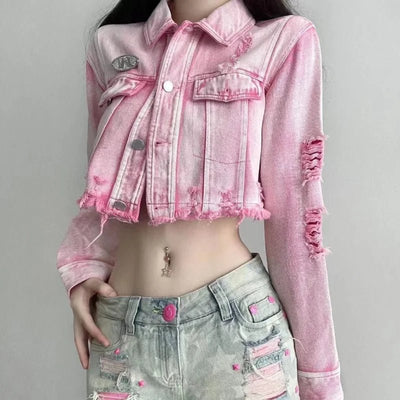 POWQUE Urban Pink Cropped Denim Jacket Women – Distressed Style - POWQUE URBAN STYLE