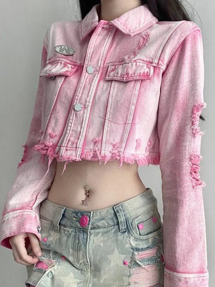 POWQUE Urban Pink Cropped Denim Jacket Women – Distressed Style - POWQUE URBAN STYLE