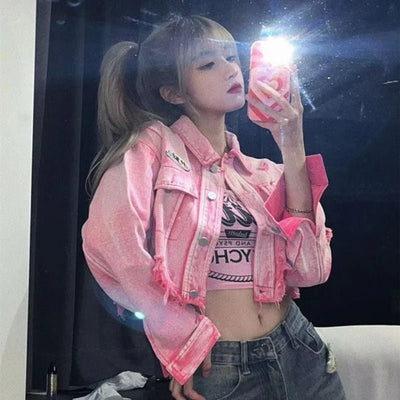 POWQUE Urban Pink Cropped Denim Jacket Women – Distressed Style - POWQUE URBAN STYLE