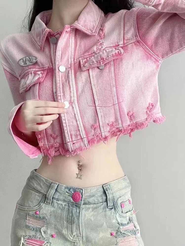 POWQUE Urban Pink Cropped Denim Jacket Women – Distressed Style - POWQUE URBAN STYLE