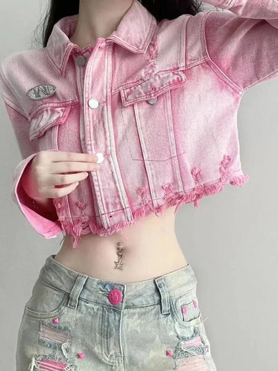 POWQUE Urban Pink Cropped Denim Jacket Women – Distressed Style - POWQUE URBAN STYLE
