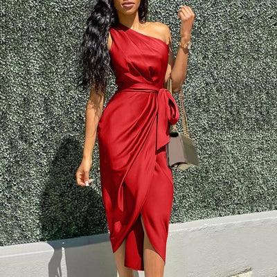 POWQUE Urban Ruffle Shoulder Evening Dress - POWQUE URBAN STYLE
