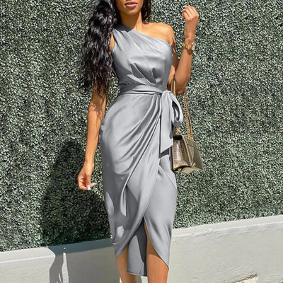 POWQUE Urban Ruffle Shoulder Evening Dress - POWQUE URBAN STYLE