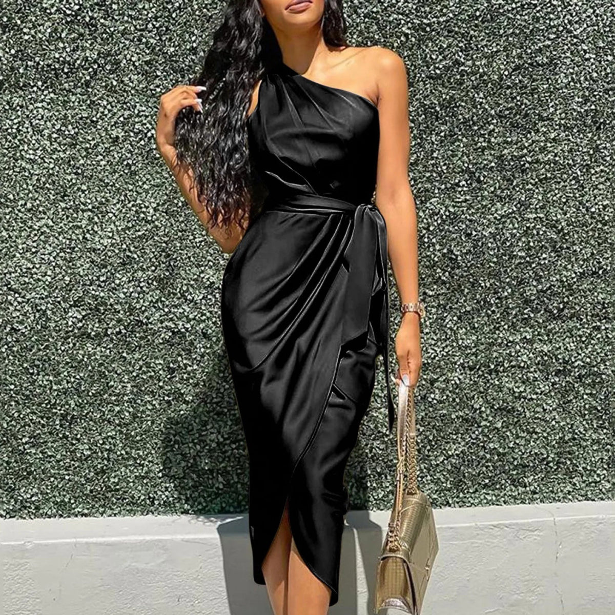 POWQUE Urban Ruffle Shoulder Evening Dress - POWQUE URBAN STYLE
