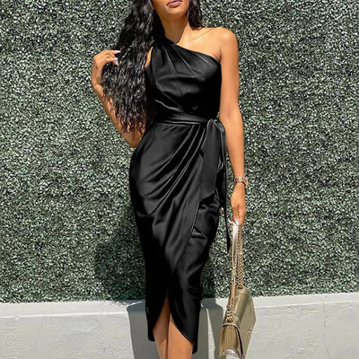 POWQUE Urban Ruffle Shoulder Evening Dress - POWQUE URBAN STYLE