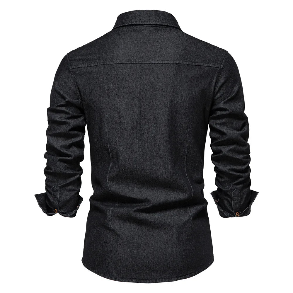 POWQUE Urban Slim Fit Denim Shirt Men - Black - POWQUE URBAN STYLE