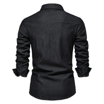 POWQUE Urban Slim Fit Denim Shirt Men - Black - POWQUE URBAN STYLE