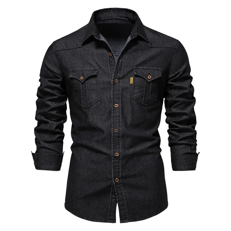POWQUE Urban Slim Fit Denim Shirt Men - Black - POWQUE URBAN STYLE