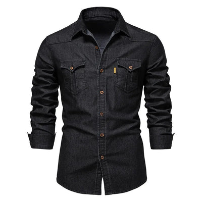 POWQUE Urban Slim Fit Denim Shirt Men - Black - POWQUE URBAN STYLE