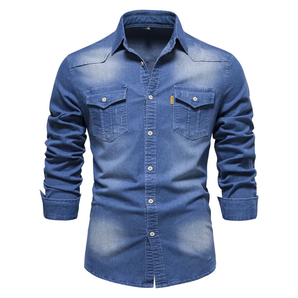 POWQUE Urban Slim Fit Denim Shirt Men - Black - POWQUE URBAN STYLE
