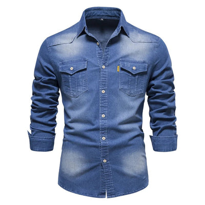 POWQUE Urban Slim Fit Denim Shirt Men - Black - POWQUE URBAN STYLE
