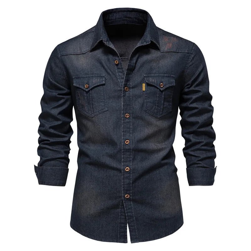 POWQUE Urban Slim Fit Denim Shirt Men - Black - POWQUE URBAN STYLE
