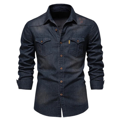 POWQUE Urban Slim Fit Denim Shirt Men - Black - POWQUE URBAN STYLE
