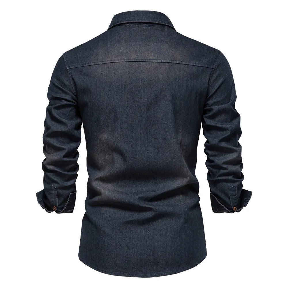 POWQUE Urban Slim Fit Denim Shirt Men - Black - POWQUE URBAN STYLE