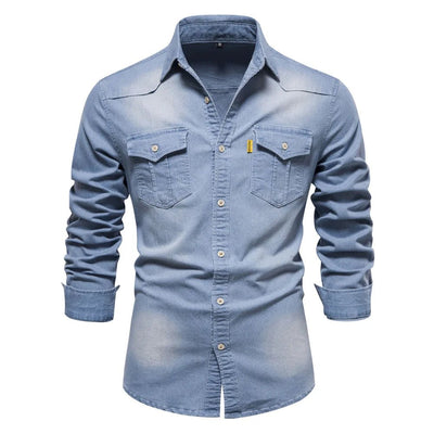 POWQUE Urban Slim Fit Denim Shirt Men - Black - POWQUE URBAN STYLE