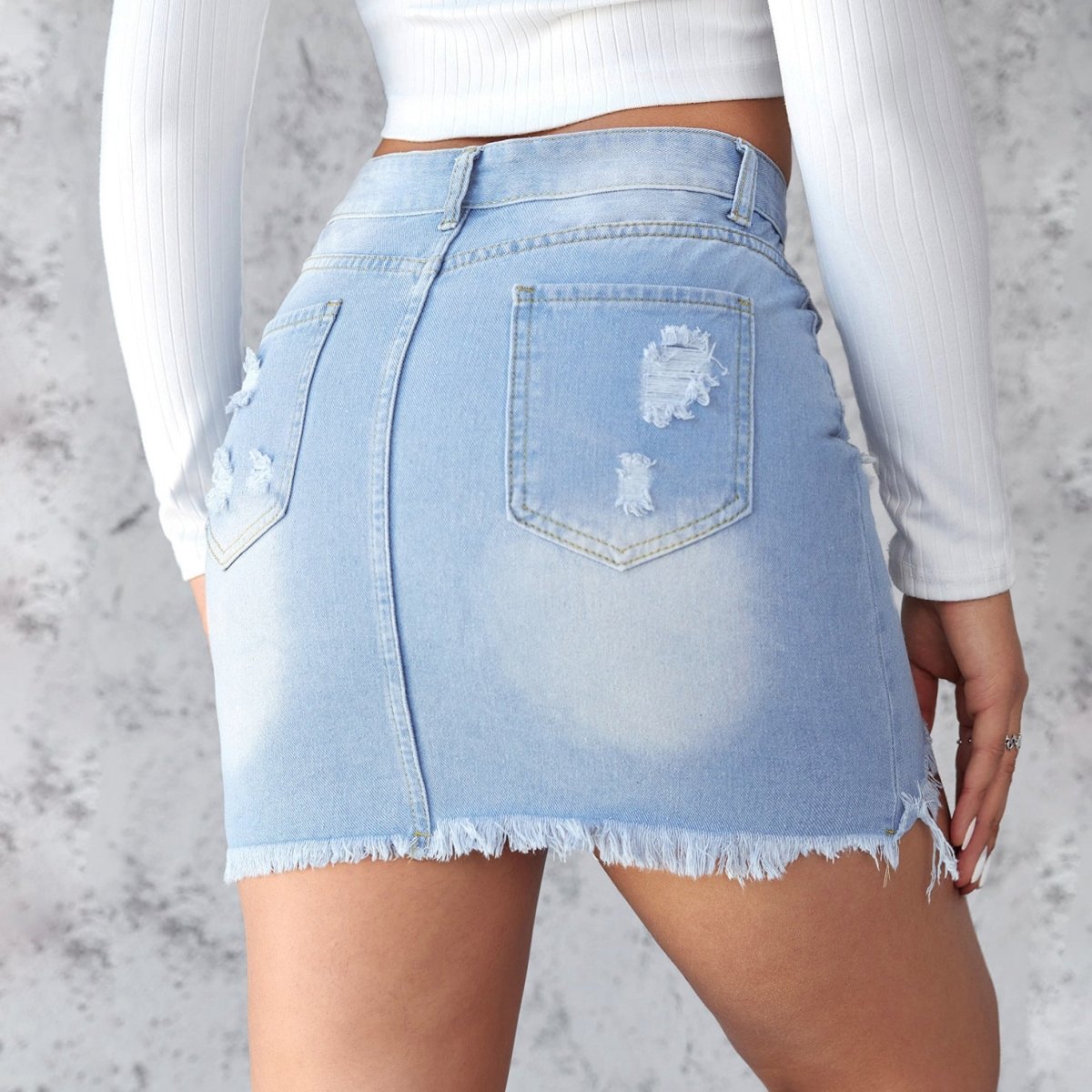 POWQUE Urban Slim Fit Ripped Denim Skirt - POWQUE URBAN STYLE