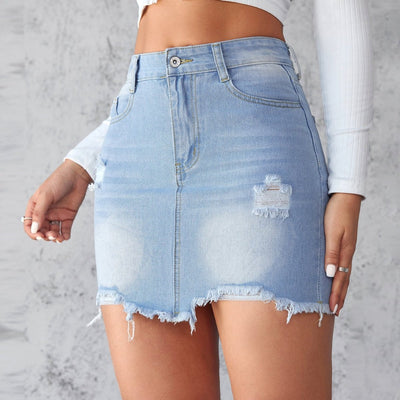 POWQUE Urban Slim Fit Ripped Denim Skirt - POWQUE URBAN STYLE