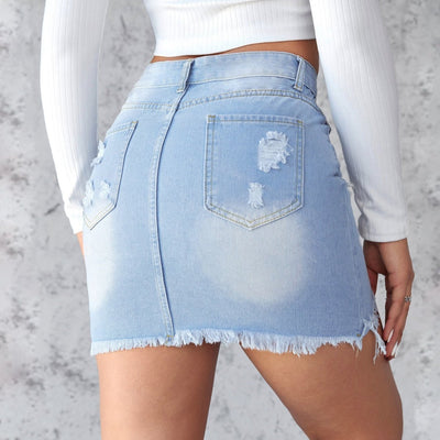 POWQUE Urban Slim Fit Ripped Denim Skirt - POWQUE URBAN STYLE