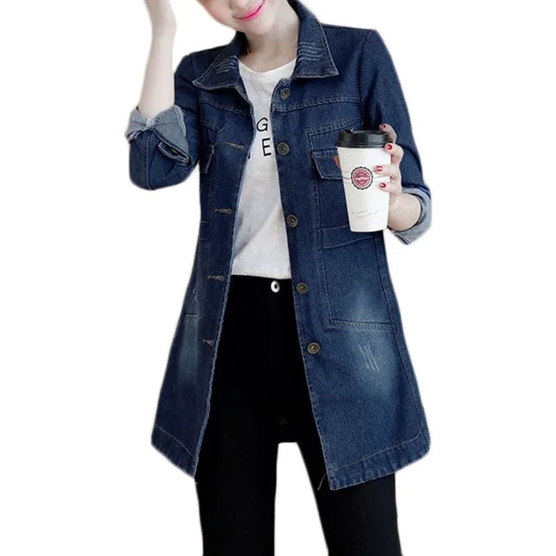 POWQUE URBAN STYLE 5XL Navy Blue Women's Denim Jacket - POWQUE URBAN STYLE