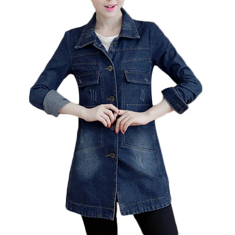 POWQUE URBAN STYLE 5XL Navy Blue Women's Denim Jacket - POWQUE URBAN STYLE