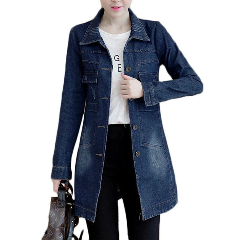POWQUE URBAN STYLE 5XL Navy Blue Women's Denim Jacket - POWQUE URBAN STYLE