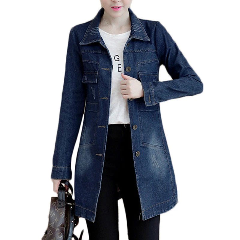 POWQUE URBAN STYLE 5XL Navy Blue Women's Denim Jacket - POWQUE URBAN STYLE