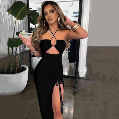 POWQUE Urban Style Backless Midi Bodycon Dress - POWQUE URBAN STYLE