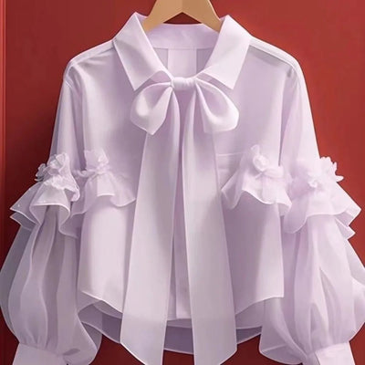 POWQUE Urban Style Blue Bow Blouse for Women - POWQUE URBAN STYLE
