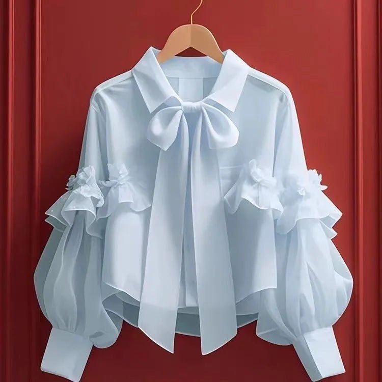 POWQUE Urban Style Blue Bow Blouse for Women - POWQUE URBAN STYLE