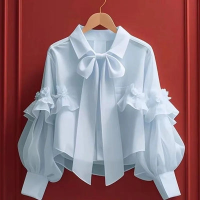 POWQUE Urban Style Blue Bow Blouse for Women - POWQUE URBAN STYLE