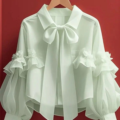 POWQUE Urban Style Blue Bow Blouse for Women - POWQUE URBAN STYLE