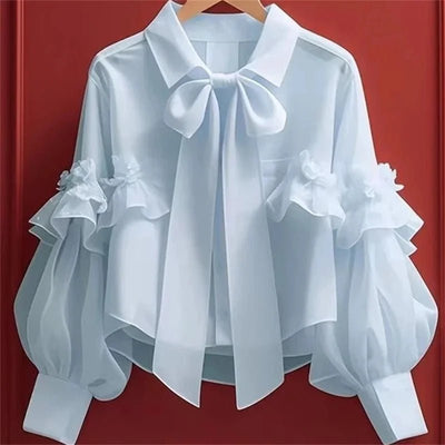 POWQUE Urban Style Blue Bow Blouse for Women - POWQUE URBAN STYLE