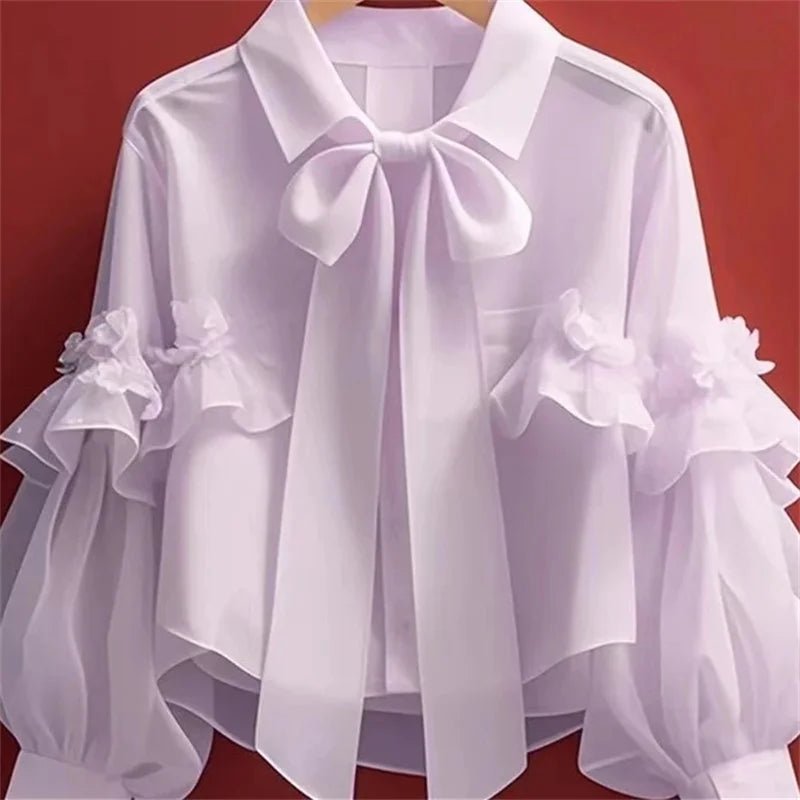 POWQUE Urban Style Blue Bow Blouse for Women - POWQUE URBAN STYLE