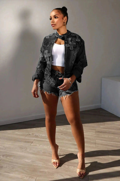 POWQUE URBAN STYLE Blue Denim Two - Piece Set - POWQUE URBAN STYLE