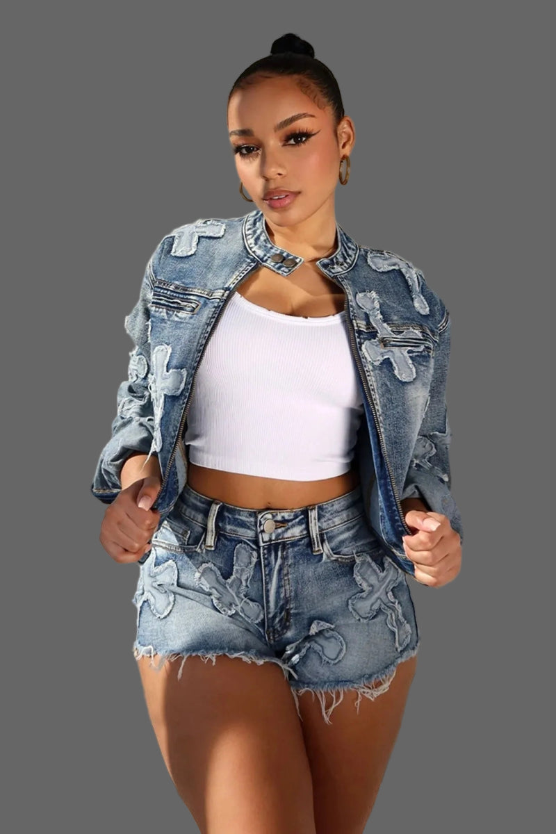 POWQUE URBAN STYLE Blue Denim Two - Piece Set - POWQUE URBAN STYLE