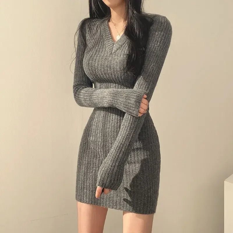 POWQUE URBAN STYLE Cozy V - Neck Bodycon Midi Dress - POWQUE URBAN STYLE