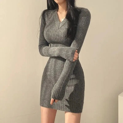 POWQUE URBAN STYLE Cozy V - Neck Bodycon Midi Dress - POWQUE URBAN STYLE
