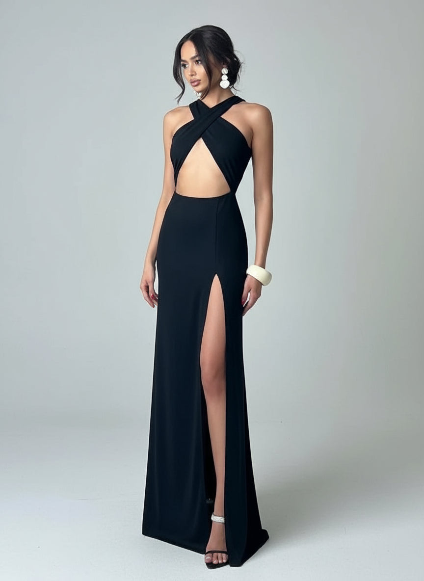 POWQUE URBAN STYLE Elegant High Split Backless Maxi Dress - POWQUE URBAN STYLE
