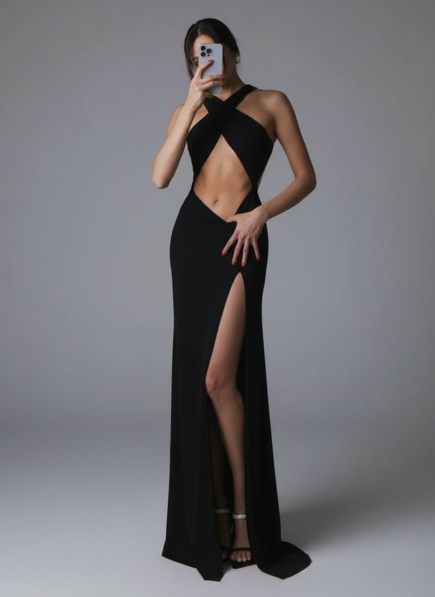 POWQUE URBAN STYLE Elegant High Split Backless Maxi Dress - POWQUE URBAN STYLE