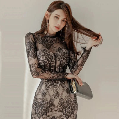 POWQUE URBAN STYLE Elegant Lace Autumn Dress - POWQUE URBAN STYLE