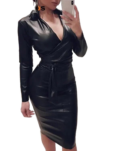 POWQUE URBAN STYLE Elegant PU Leather Dress for Women - POWQUE URBAN STYLE