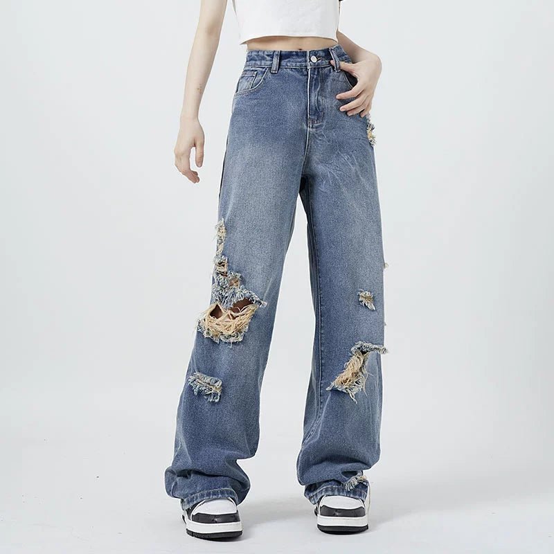 POWQUE URBAN STYLE High Waist Straight Leg Denim Jeans - POWQUE URBAN STYLE