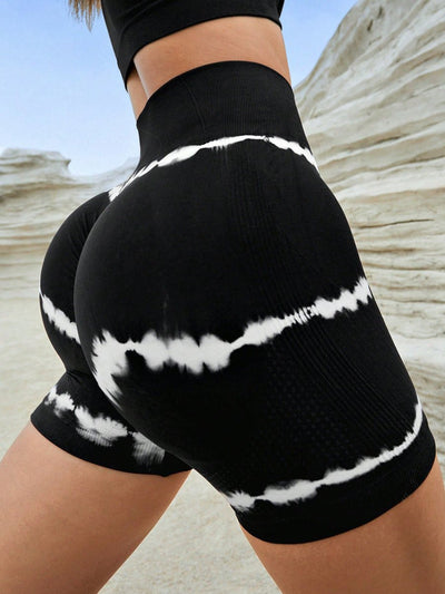 POWQUE URBAN STYLE High Waist Tie - Dye Yoga Shorts - POWQUE URBAN STYLE