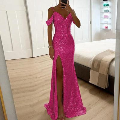 POWQUE URBAN STYLE Luxury Sequin Evening Dress Gold Gown - POWQUE URBAN STYLE