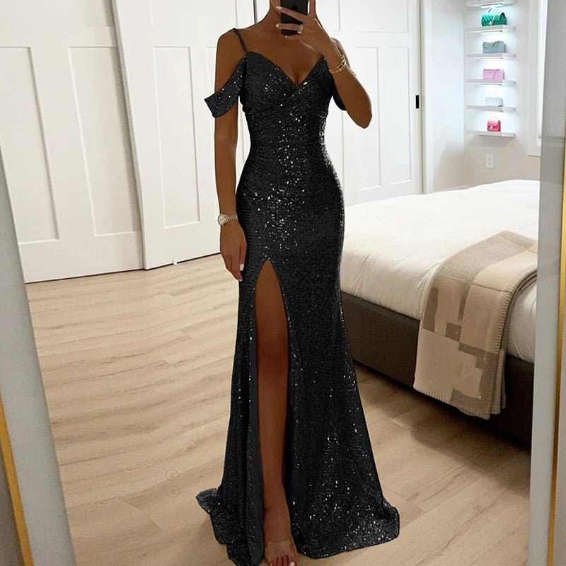 POWQUE URBAN STYLE Luxury Sequin Evening Dress Gold Gown - POWQUE URBAN STYLE