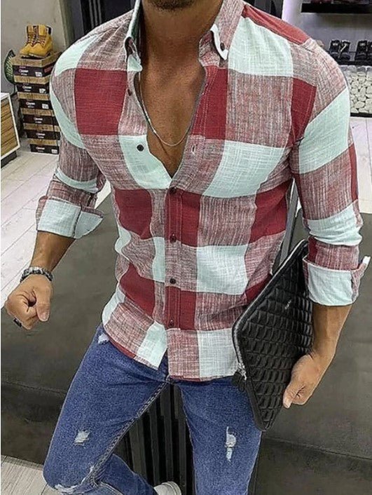 POWQUE URBAN STYLE Men's Casual Polyester Shirts - Black & White Plaid - POWQUE URBAN STYLE