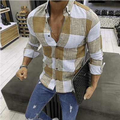 POWQUE URBAN STYLE Men's Casual Polyester Shirts - Black & White Plaid - POWQUE URBAN STYLE