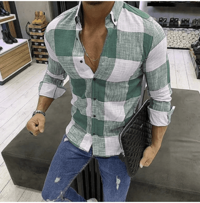 POWQUE URBAN STYLE Men's Casual Polyester Shirts - Black & White Plaid - POWQUE URBAN STYLE
